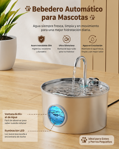 Fuente de Agua Premium para Perros y Gatos de Acero Inoxidable